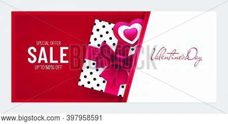 Valentines Day Sale Paper Cut Invitation Banner Design With Inserting Gift Box And Heart Shape. Hori
