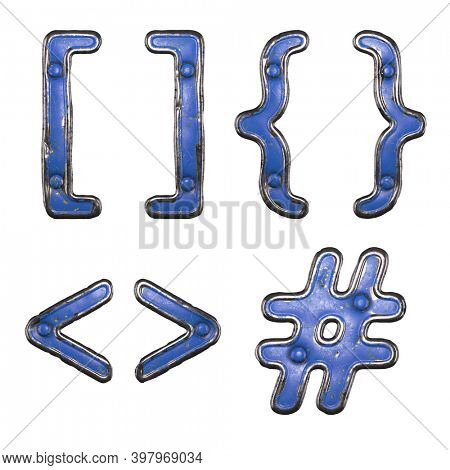 Set of symbols left and right squere bracket, left and right brace, left and right angle bracket, hash made of painted metal with blue rivets on white background. 3d rendering
