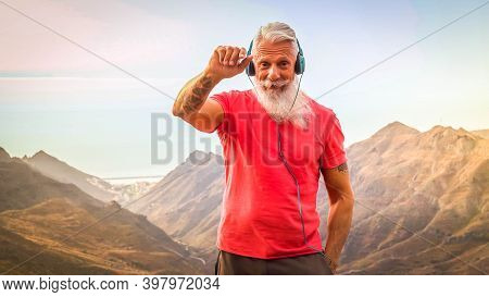 Happy Senior Man Outdoor Communicating Via Video Call, New Normal Outdoor Travel And Adventure And S