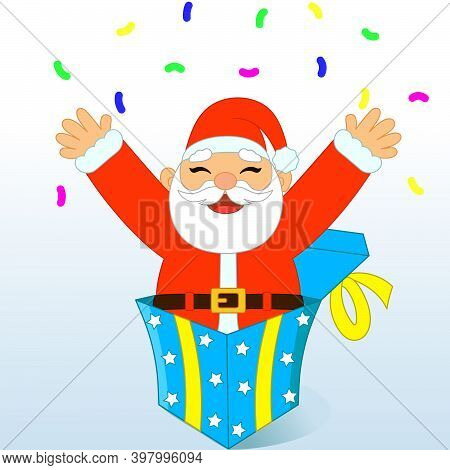 Funny Happy Santa Claus Character Popping Out Of Gift Box, Waving And Throwing Confetti Isolated On 