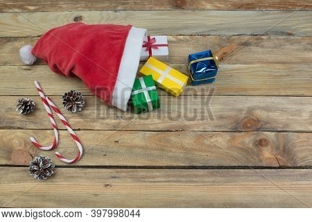 Christmas Holidays Composition On Wooden Background. Top View With Copy Space.