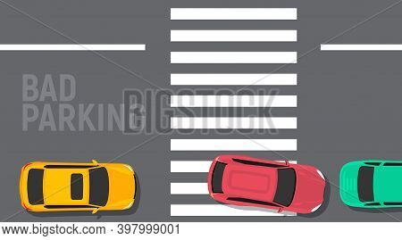 Bad Parking Car Top View. Wrong Parking Area Traffic Road Rules, Flat Vector Car