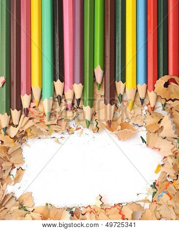Colorful pencil border colorful pencil shavings on white background