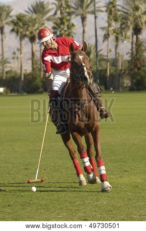 Full length of polo player swinging at ball