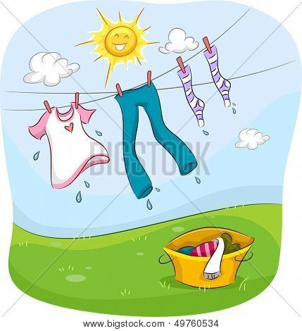 Illustration of the Sun Smiling Happily While Drying Up Clothes Hanging on a Clothesline
