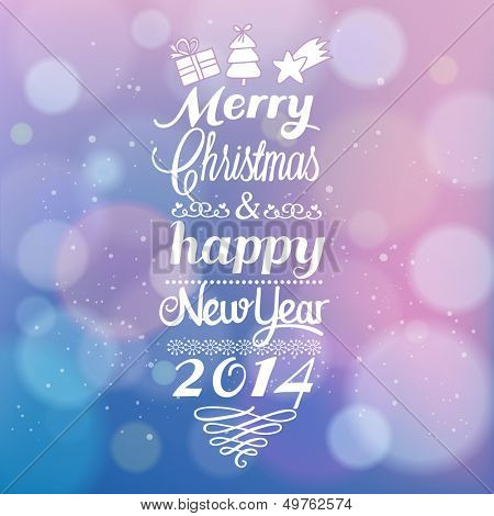 Beautiful Merry Christmas and Happy New Year card design with bokeh effect. Vintage vector out of focus background with  typographic congratulation. 2014 invitation