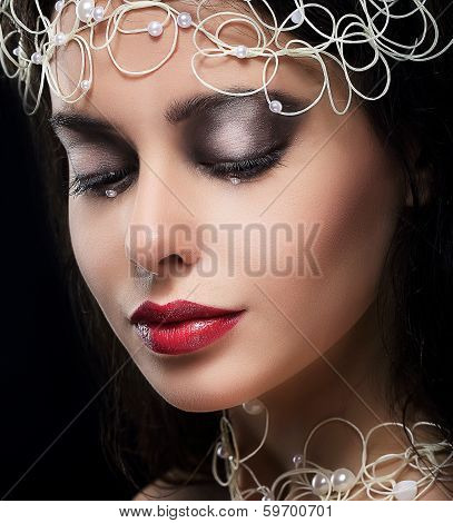 Stylish Fashionable Young Woman With Pearls In Reverie