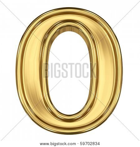 3d brushed golden symbol - figure number zero. Isolated on white.