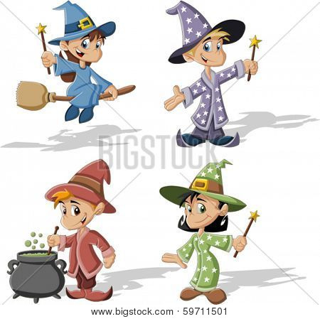 Cartoon wizard boys and witch girls. Halloween costume. 