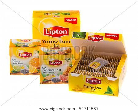 KRAKOW, POLAND - FEB 8, 2014: Studio shot packs of tea Lipton in assortment isolated on white. Lipton is a world famous brand of tea - company founded 1890 and named after its founder Thomas Lipton.