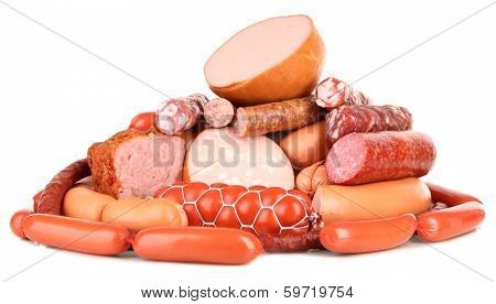 Lot of different sausages isolated on white