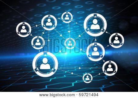 Community interface against hexagon pattern on technical background with binary code