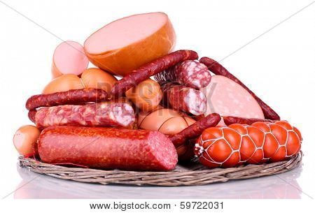 Lot of different sausages isolated on white