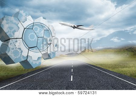 Cogs and wheels on abstract screen against 3d plane taking off over street