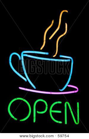 Åben neonskilt af en kaffekop
