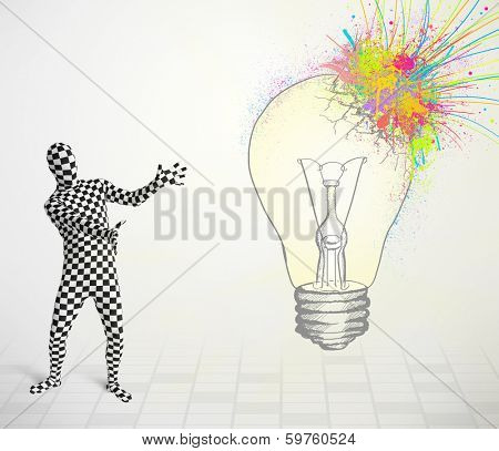 3d human character is body suit morphsuit looking at abstract colorful lightbulb