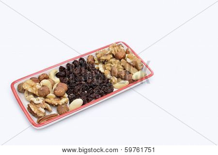 Variety of nuts and raisins, close up