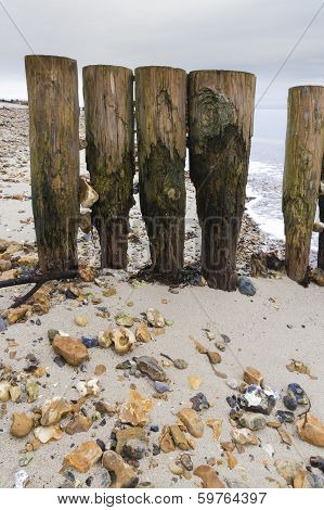Weathered And Worn Wooden Groynes With Pebbles Jammed Between Them.