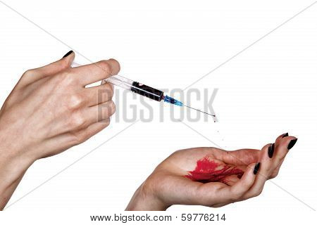 Hands Of The Addict About A Syringe Isolated On A White Background