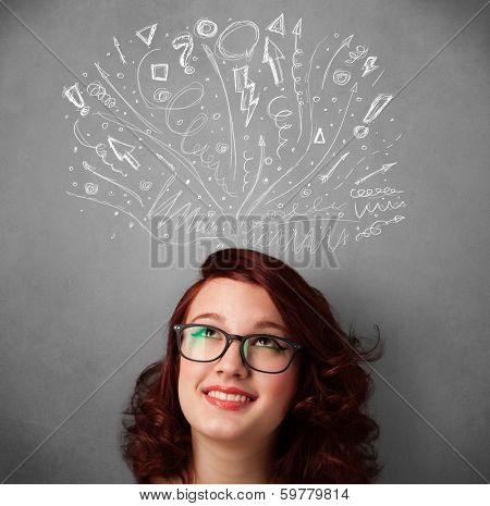 Pretty young woman with many sketched arrows pointed in different directions above her head