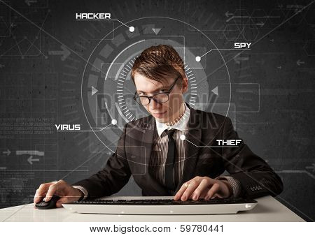 Young hacker in futuristic enviroment hacking personal information on tech background