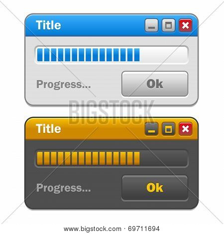 Color Computer Windows Set with Loading Progress Bar and Button Ok. Vector
