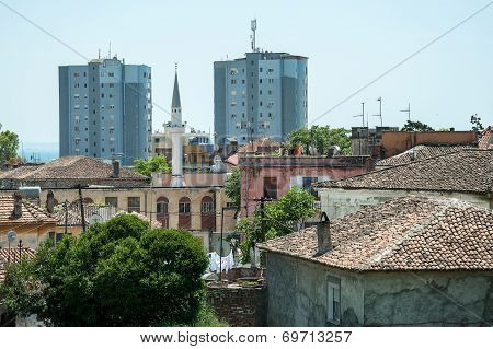 Durres, ancient and modern up area with a minaret
