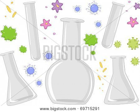 Illustration of Different Laboratory Apparatuses Surrounded by Bacteria