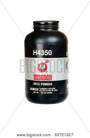 Hayward, CA - August 7, 2014: 1Lb container of Hodgdon H4350 Smokeleess Rifle Gunpowder