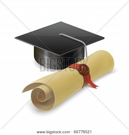 Graduation Cap With Diploma. Isolated On White Background