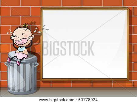 Illustration of a child above the trashbin beside the empty wooden board