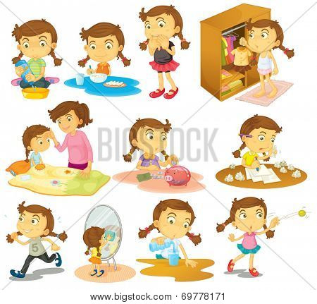 Illustration of the different activities of a young girl on a white background