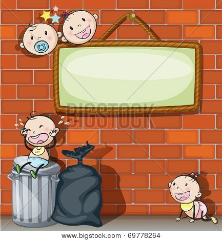 Illustration of a hanging empty signboard with infants