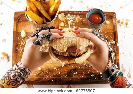 Burger With Fries And Ketchup