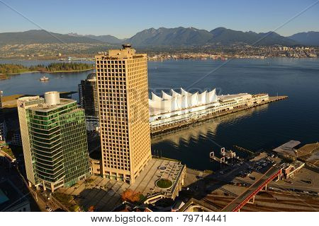 VANCOUVER - NOV 13, 2014: Vancouver Granville Square building and Canada Place at Vancouver Harbour, photo taken from the Harbour Centre tower in Vancouver, British Columbia, Canada.