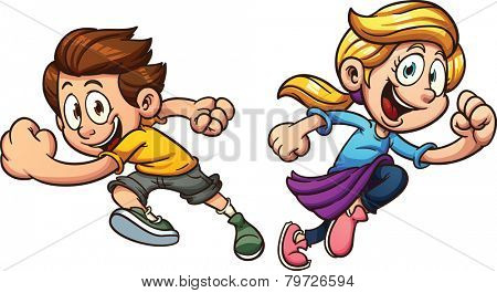 Kids happily running. Vector clip art illustration with simple gradients. Each on a separate layer.