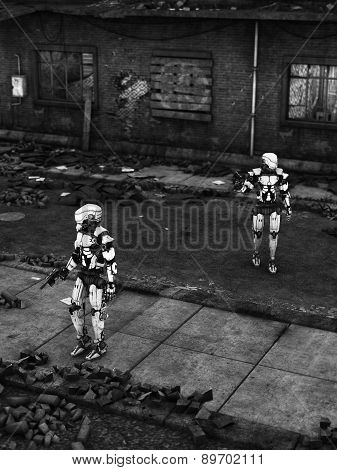 Futuristic Soldier Robots In Ruined City.