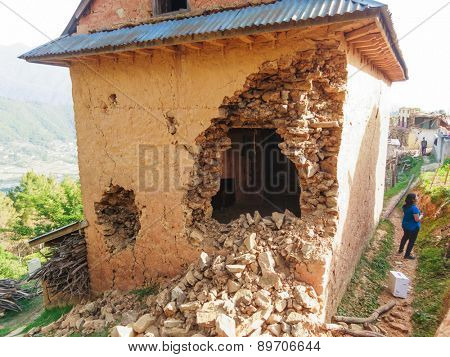 KOT DANDA, LALITPUR, NEPAL - MAY 2, 2015: Damaged house after the 7.8 earthquake that hit Nepal on April 25, 2015.