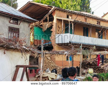 KOT DANDA, LALITPUR, NEPAL - MAY 2, 2015: Damaged house after the 7.8 earthquake that hit Nepal on April 25, 2015.