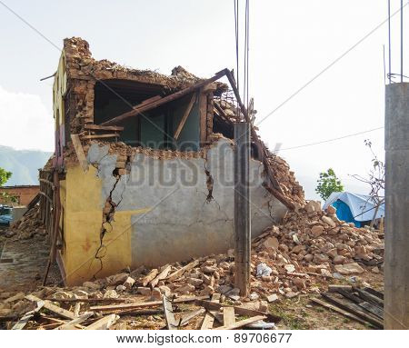 KOT DANDA, LALITPUR, NEPAL - MAY 2, 2015: Damaged house after the 7.8 earthquake that hit Nepal on April 25, 2015.