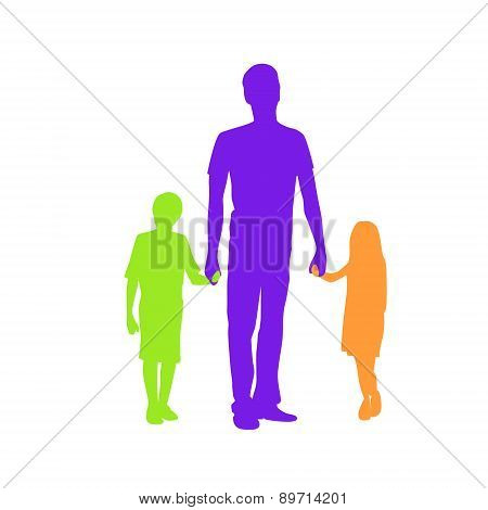 Family Silhouette Father with Two Kids Holding Hands