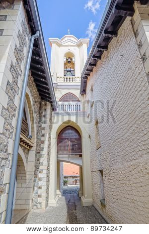 Inner yard of Kykkos Monastery with the view on the bell tower, Cyprus.