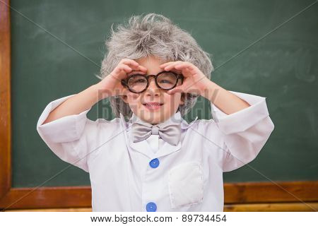 Pupil wearing peruke and eyeglasses at elementary school