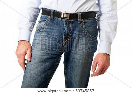 Fashionable mature men in jeans trousers. 