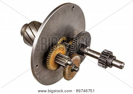 Gear Wheels Of Reducer Motor, Isolated On White Background
