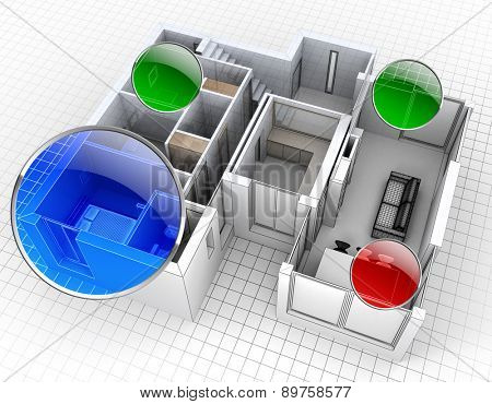 3D rendering of an apartment, aerial view, with surveillance spots