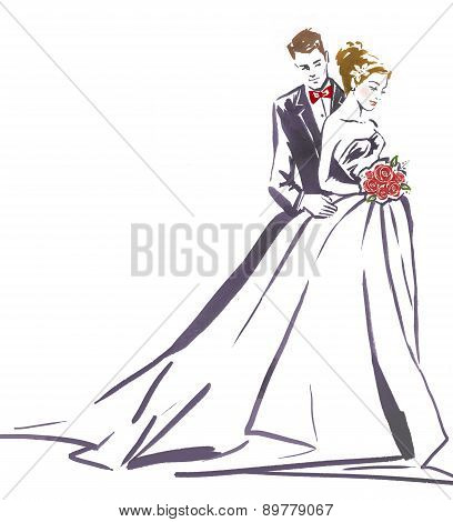 Wedding couple hugging.Silhouette of bride and groom.Wedding invitation.Wedding card.