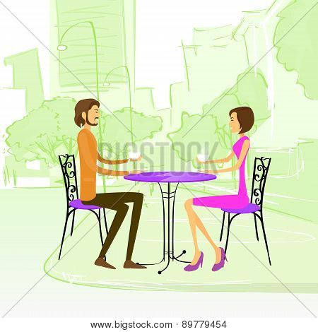 Couple Sitting Street Cafe Outdoor at Table