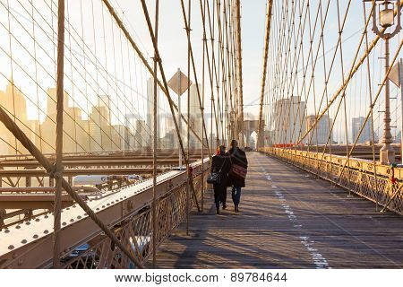 Brooklyn bridge at sunset, New York City.