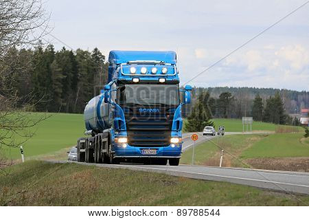 Blue Scania R500 Tank Truck On The Road At Spring